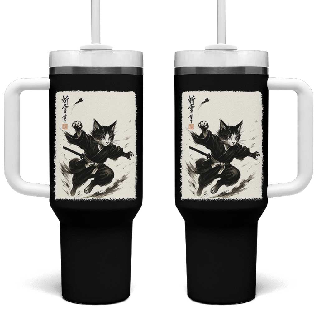 Samurai Cat Tumbler With Handle Japanese Sumie Cat Warrior Art