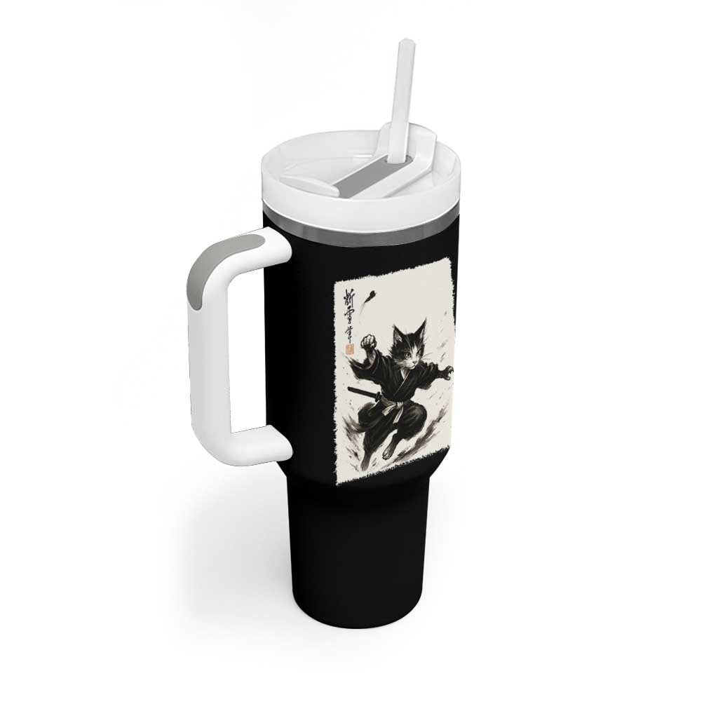 Samurai Cat Tumbler With Handle Japanese Sumie Cat Warrior Art