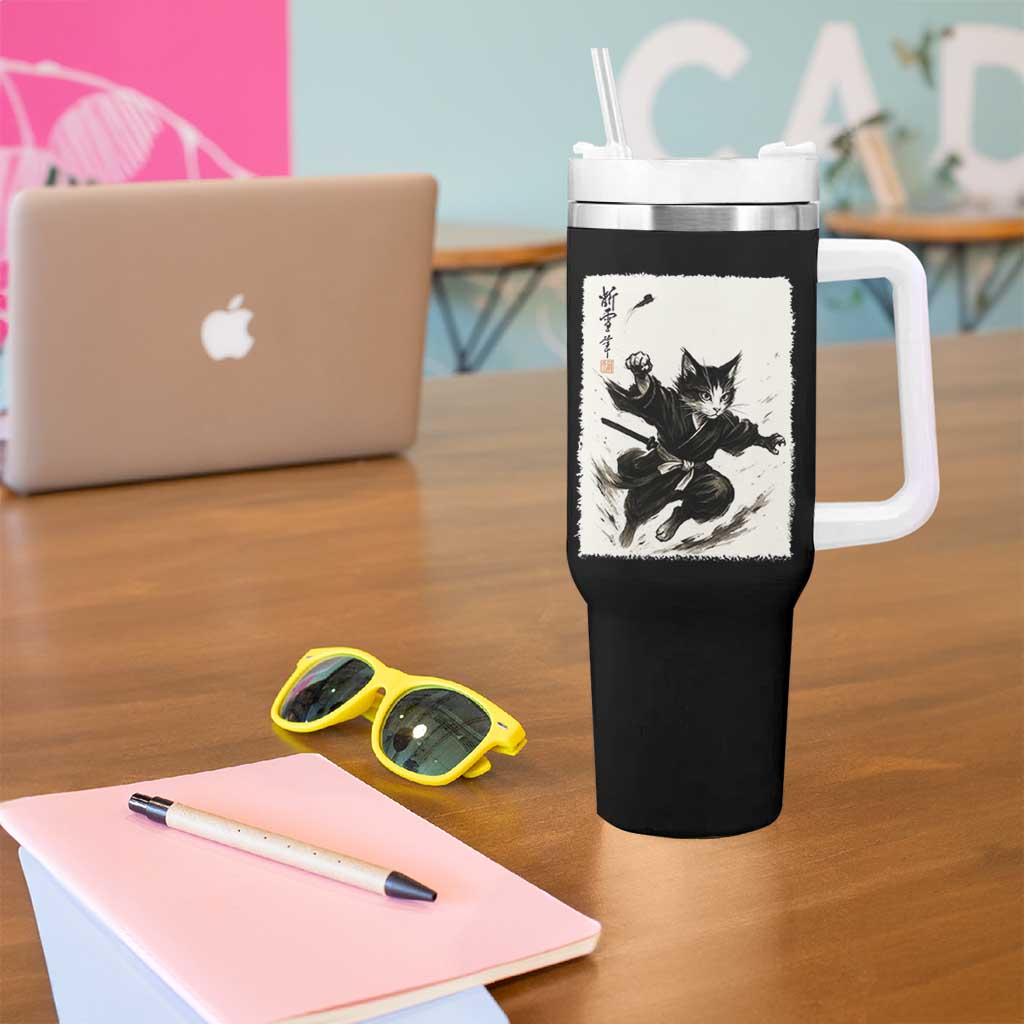 Samurai Cat Tumbler With Handle Japanese Sumie Cat Warrior Art