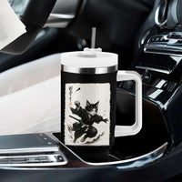 Samurai Cat Tumbler With Handle Japanese Sumie Cat Warrior Art