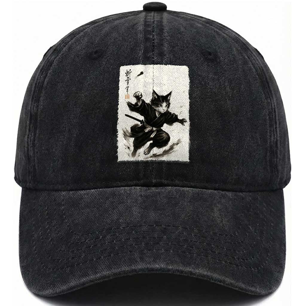 Samurai Cat Washed Cotton Baseball Cap Japanese Sumie Cat Warrior Art