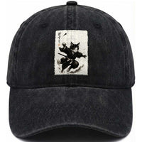 Samurai Cat Washed Cotton Baseball Cap Japanese Sumie Cat Warrior Art