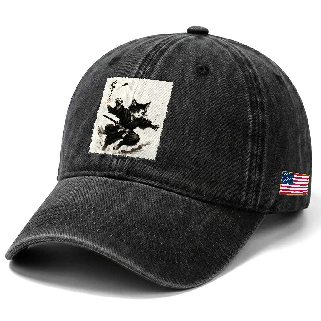 Samurai Cat Washed Cotton Baseball Cap Japanese Sumie Cat Warrior Art