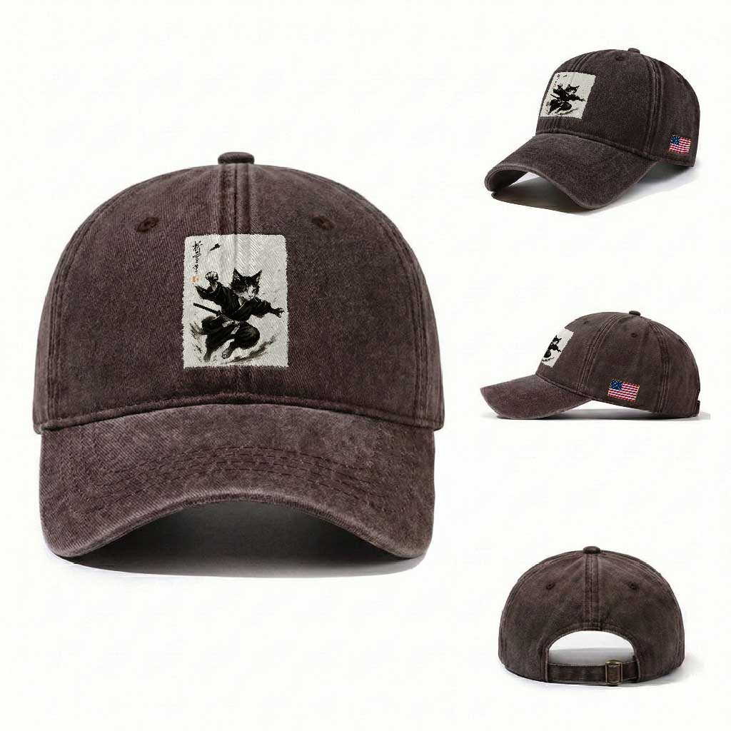 Samurai Cat Washed Cotton Baseball Cap Japanese Sumie Cat Warrior Art