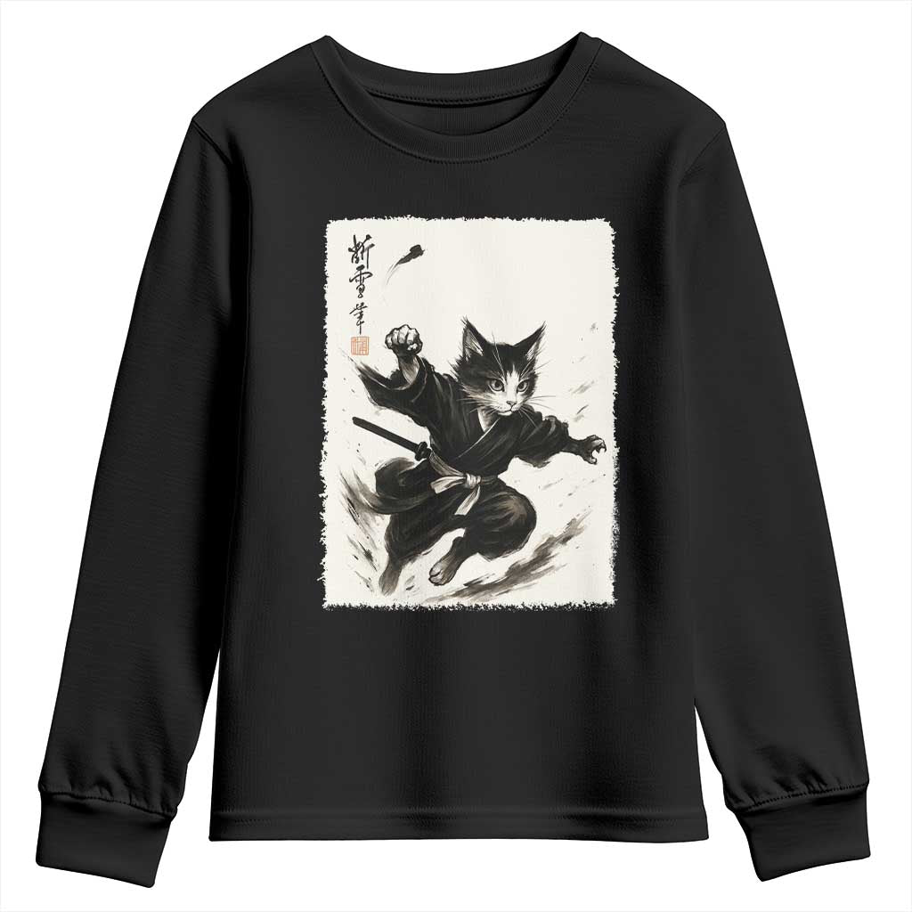 Samurai Cat Youth Sweatshirt Japanese Sumie Cat Warrior Art - Wonder Print Shop