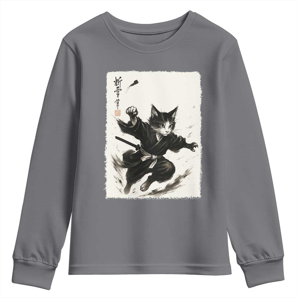 Samurai Cat Youth Sweatshirt Japanese Sumie Cat Warrior Art - Wonder Print Shop