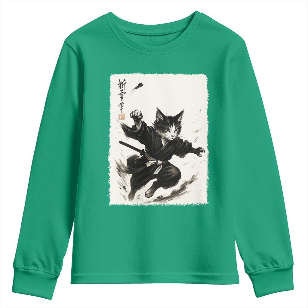 Samurai Cat Youth Sweatshirt Japanese Sumie Cat Warrior Art - Wonder Print Shop