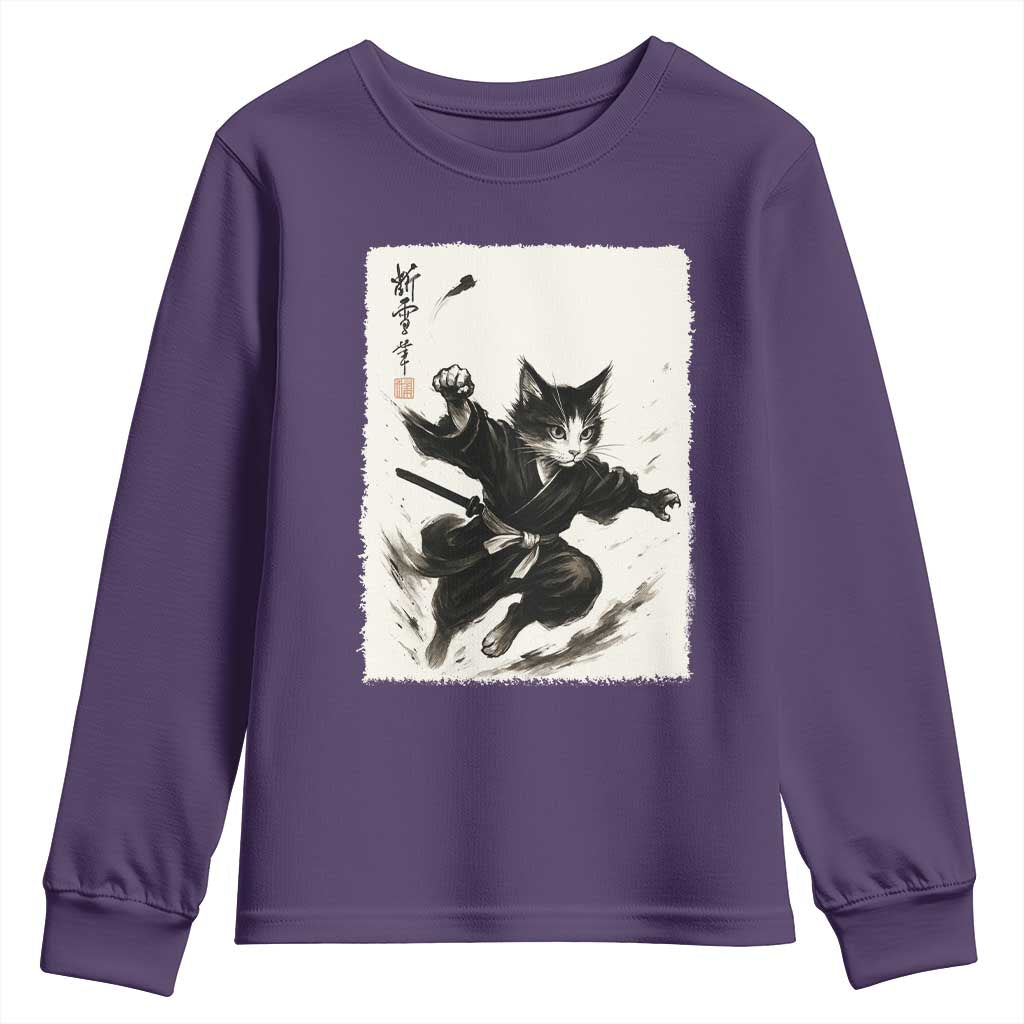 Samurai Cat Youth Sweatshirt Japanese Sumie Cat Warrior Art - Wonder Print Shop