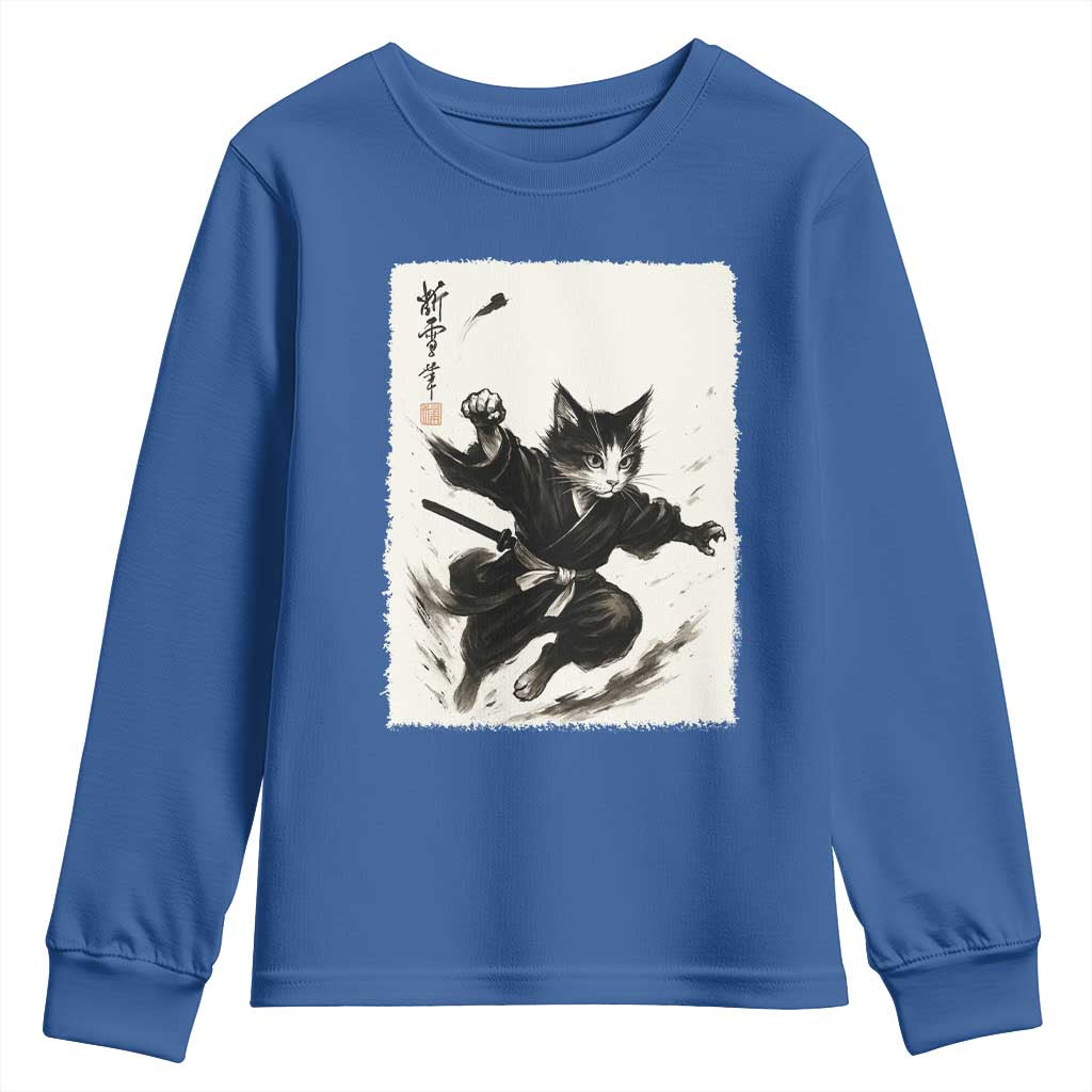 Samurai Cat Youth Sweatshirt Japanese Sumie Cat Warrior Art - Wonder Print Shop