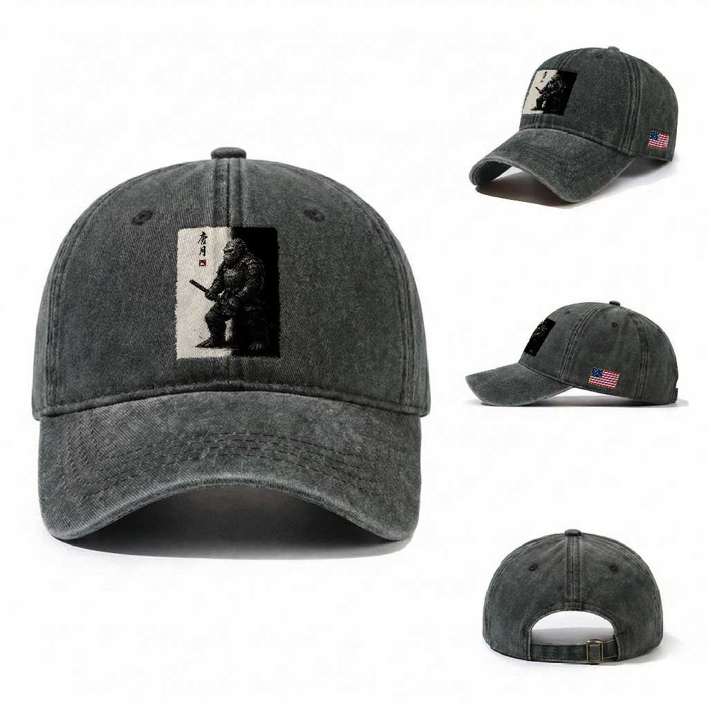 Samurai Bigfoot Washed Cotton Baseball Cap Japanese Vintage Graphic Sumie Warrior Art