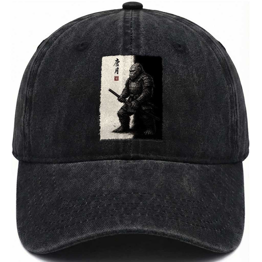 Samurai Bigfoot Washed Cotton Baseball Cap Japanese Vintage Graphic Sumie Warrior Art