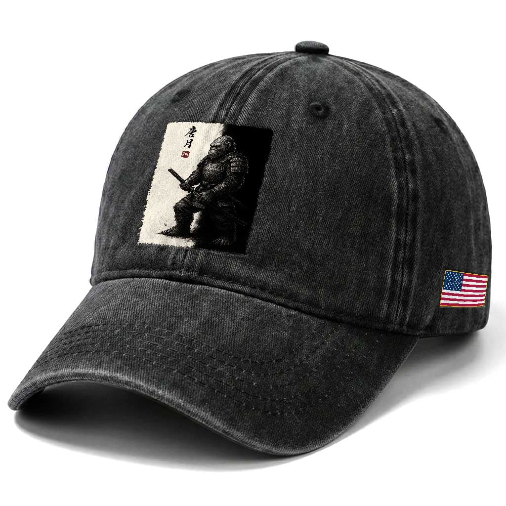 Samurai Bigfoot Washed Cotton Baseball Cap Japanese Vintage Graphic Sumie Warrior Art
