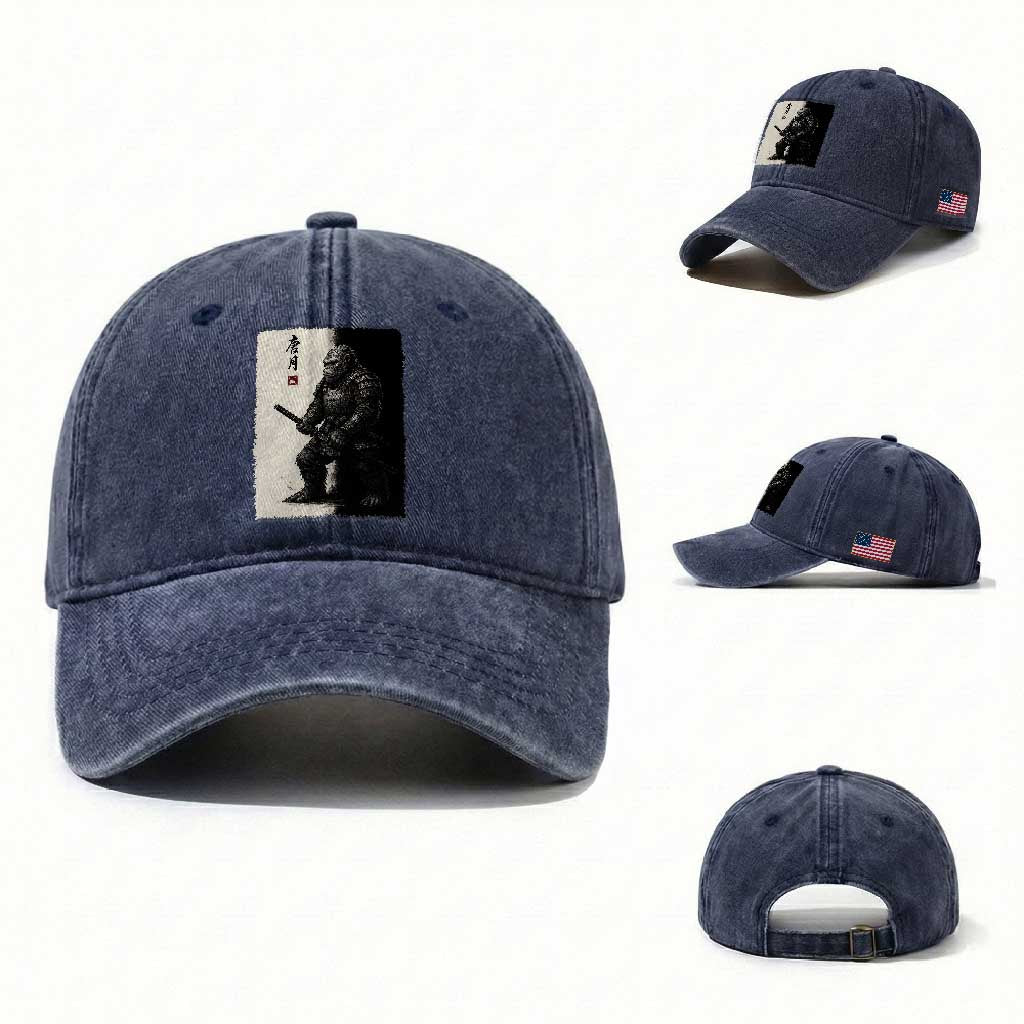 Samurai Bigfoot Washed Cotton Baseball Cap Japanese Vintage Graphic Sumie Warrior Art