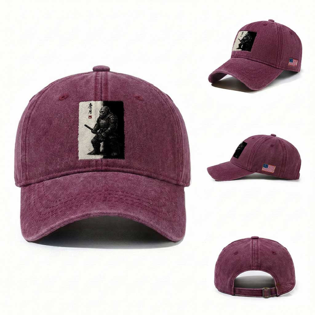 Samurai Bigfoot Washed Cotton Baseball Cap Japanese Vintage Graphic Sumie Warrior Art