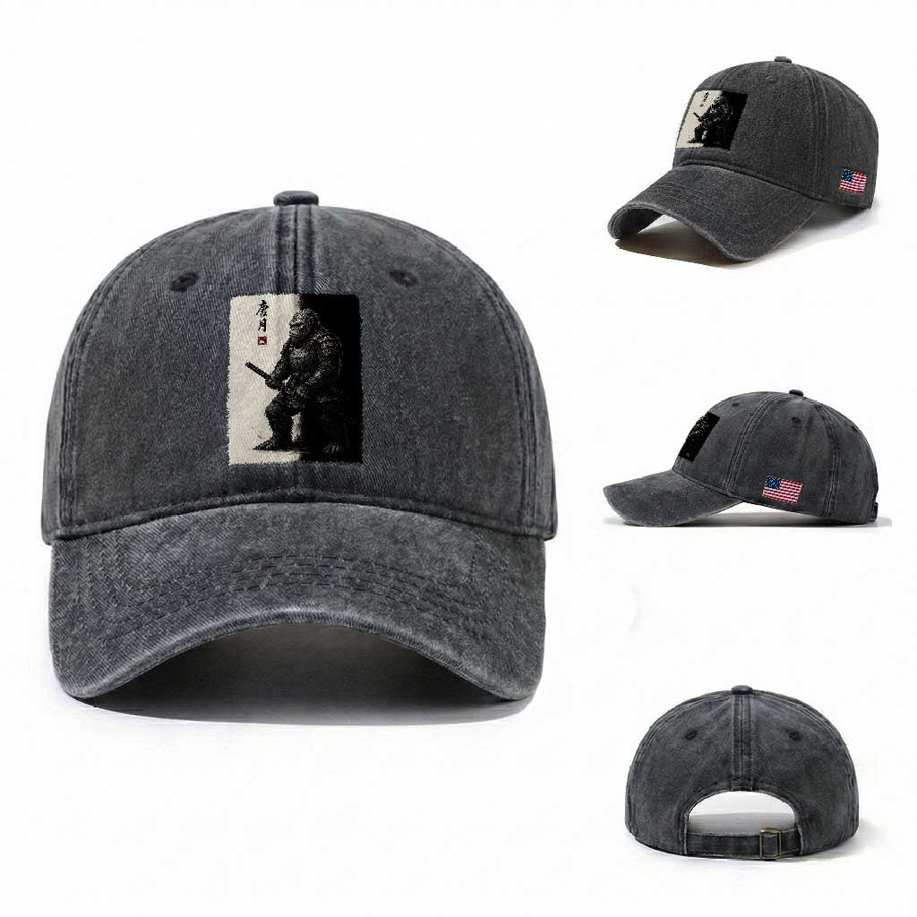 Samurai Bigfoot Washed Cotton Baseball Cap Japanese Vintage Graphic Sumie Warrior Art