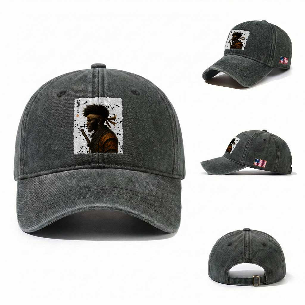Afro American Samurai Washed Cotton Baseball Cap Japanese Vintage Graphic Sumie Katana