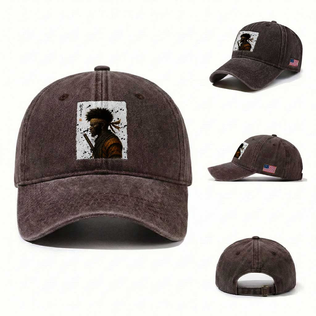 Afro American Samurai Washed Cotton Baseball Cap Japanese Vintage Graphic Sumie Katana