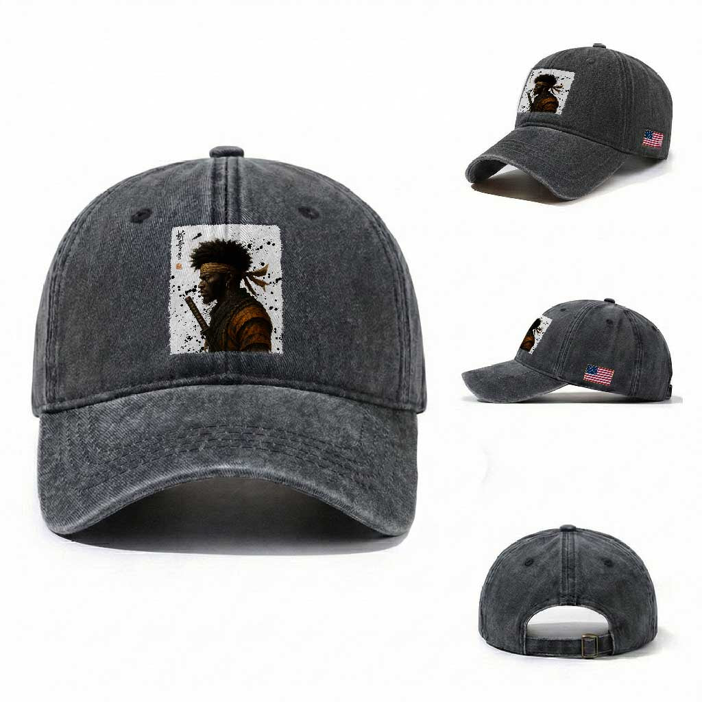 Afro American Samurai Washed Cotton Baseball Cap Japanese Vintage Graphic Sumie Katana