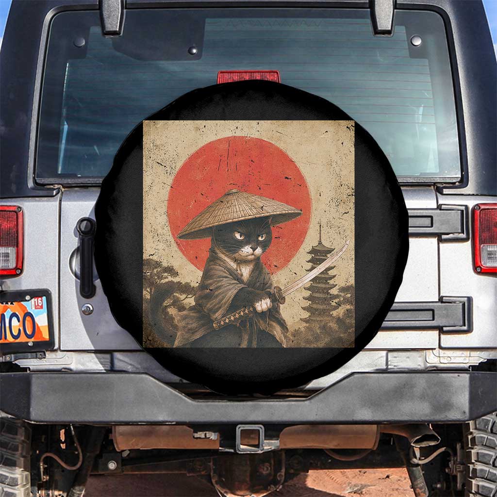 Vintage Samurai Black Cat Japanese Katana Spare Tire Cover Ukiyoe Cat Lover Gift