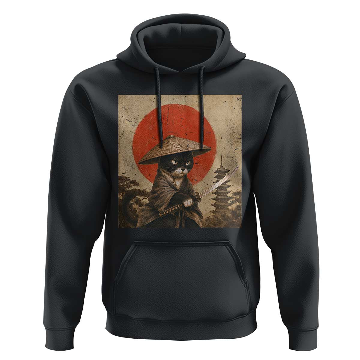 Vintage Samurai Black Cat Japanese Katana Hoodie Ukiyoe Cat Lover Gift