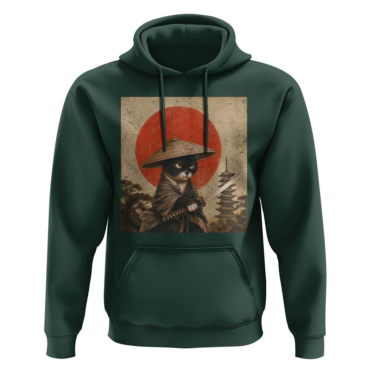 Vintage Samurai Black Cat Japanese Katana Hoodie Ukiyoe Cat Lover Gift