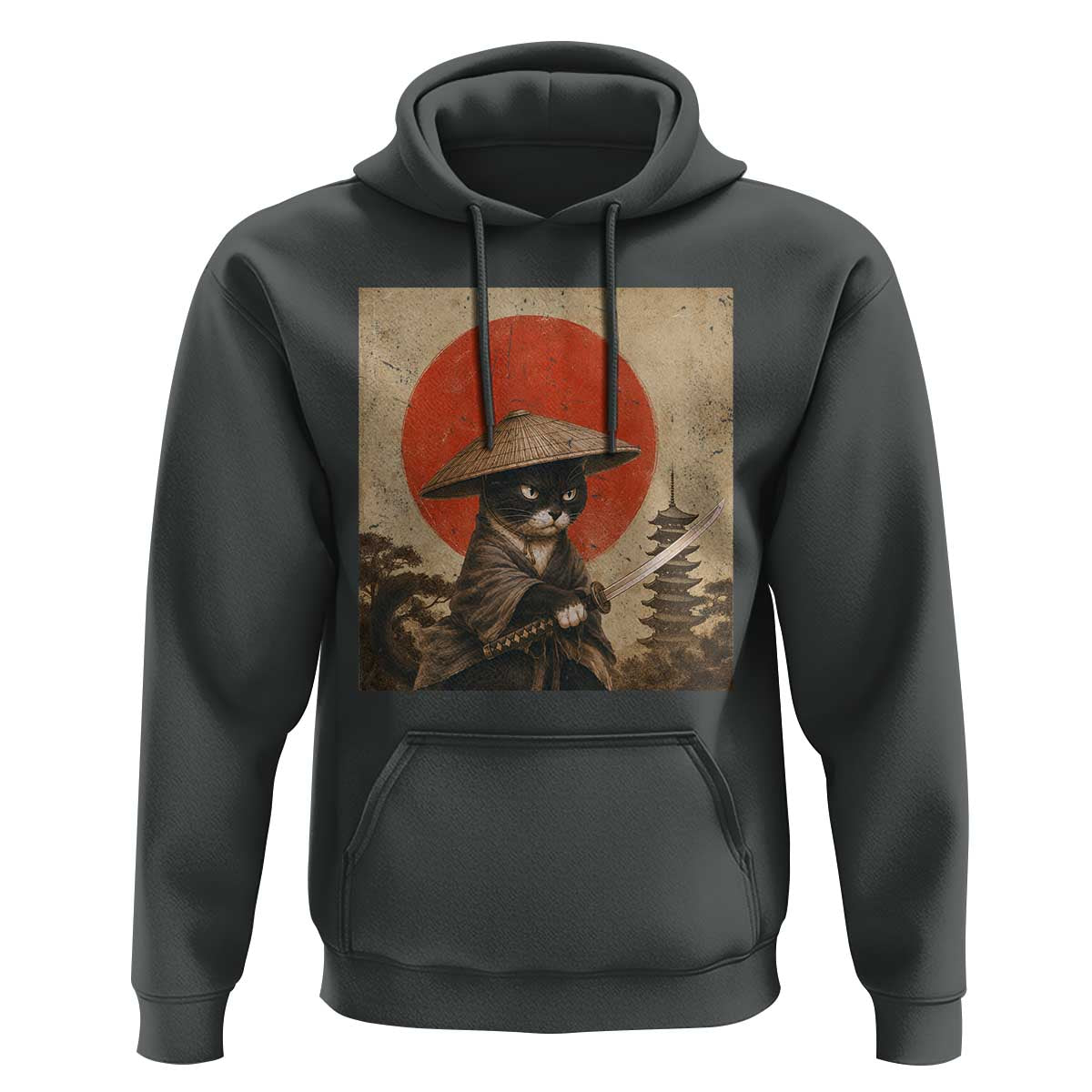 Vintage Samurai Black Cat Japanese Katana Hoodie Ukiyoe Cat Lover Gift