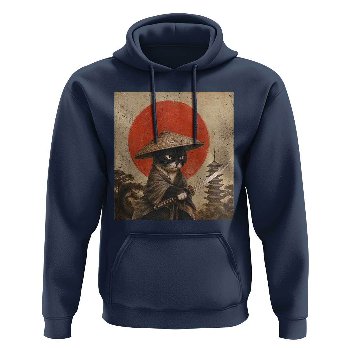 Vintage Samurai Black Cat Japanese Katana Hoodie Ukiyoe Cat Lover Gift