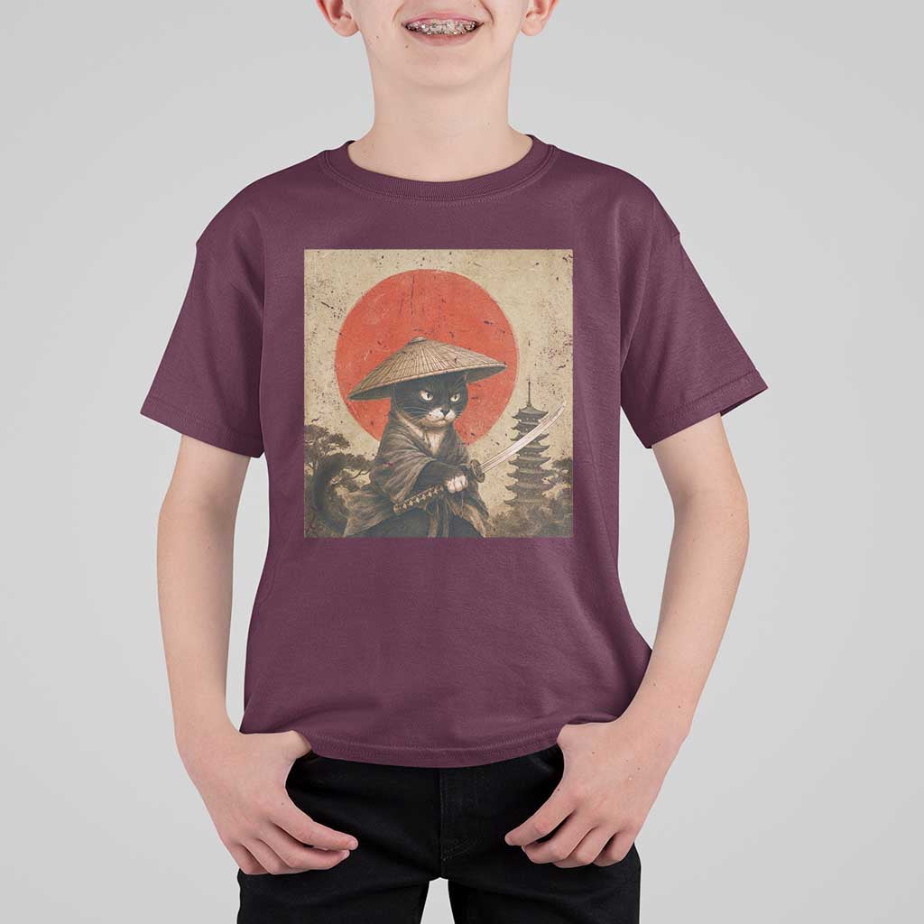 Vintage Samurai Black Cat Japanese Katana T Shirt For Kid Ukiyoe Cat Lover Gift