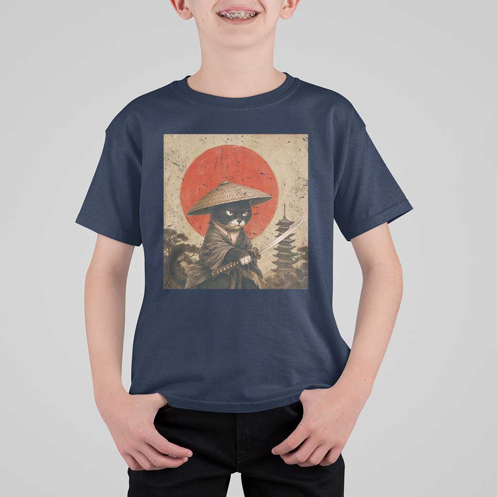 Vintage Samurai Black Cat Japanese Katana T Shirt For Kid Ukiyoe Cat Lover Gift
