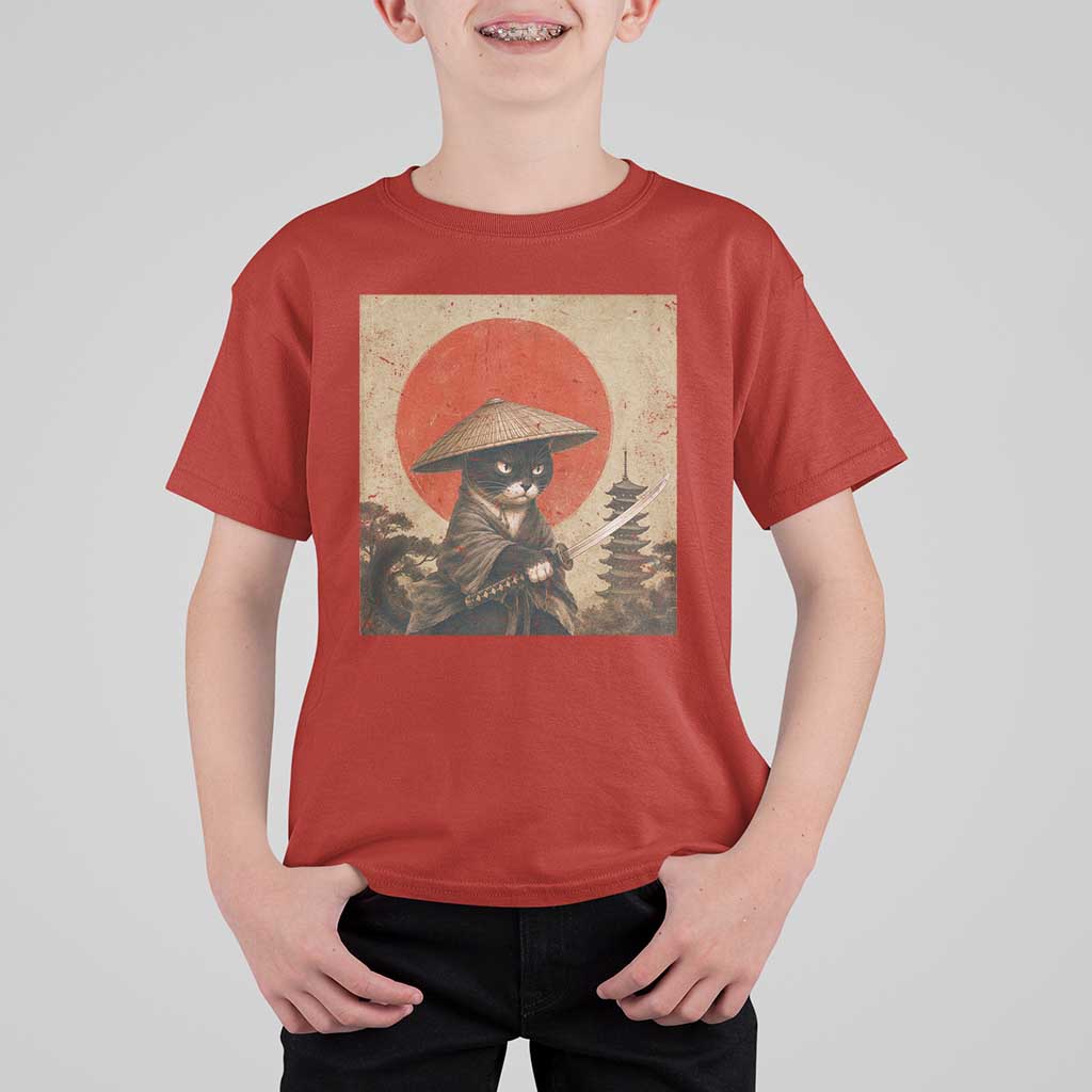 Vintage Samurai Black Cat Japanese Katana T Shirt For Kid Ukiyoe Cat Lover Gift