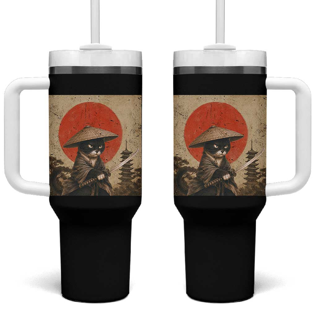 Vintage Samurai Black Cat Japanese Katana Tumbler With Handle Ukiyoe Cat Lover Gift