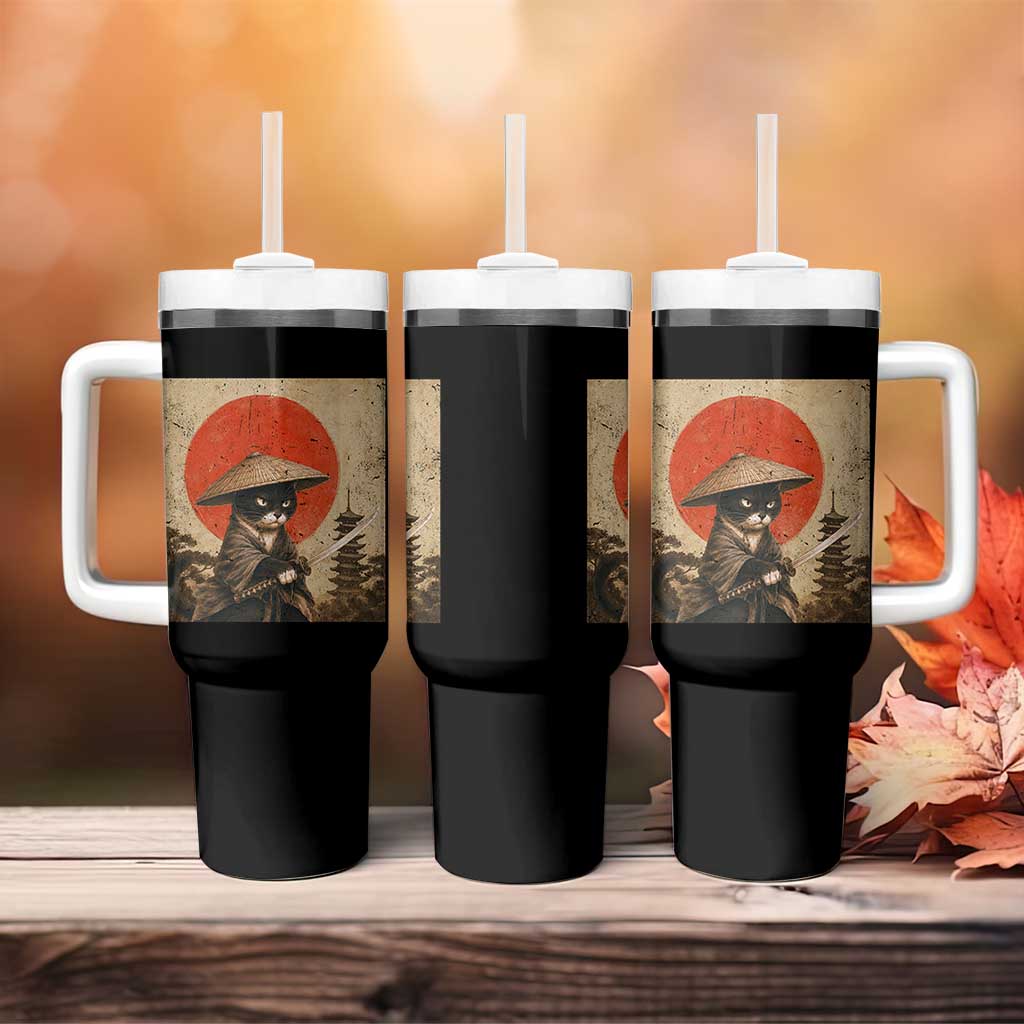 Vintage Samurai Black Cat Japanese Katana Tumbler With Handle Ukiyoe Cat Lover Gift