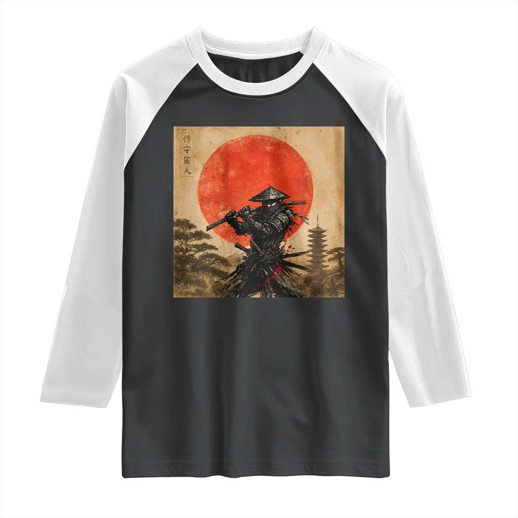 Japanese Samurai Raglan Shirt Warrior With Katana Vintage Ukiyoe Style - Wonder Print Shop