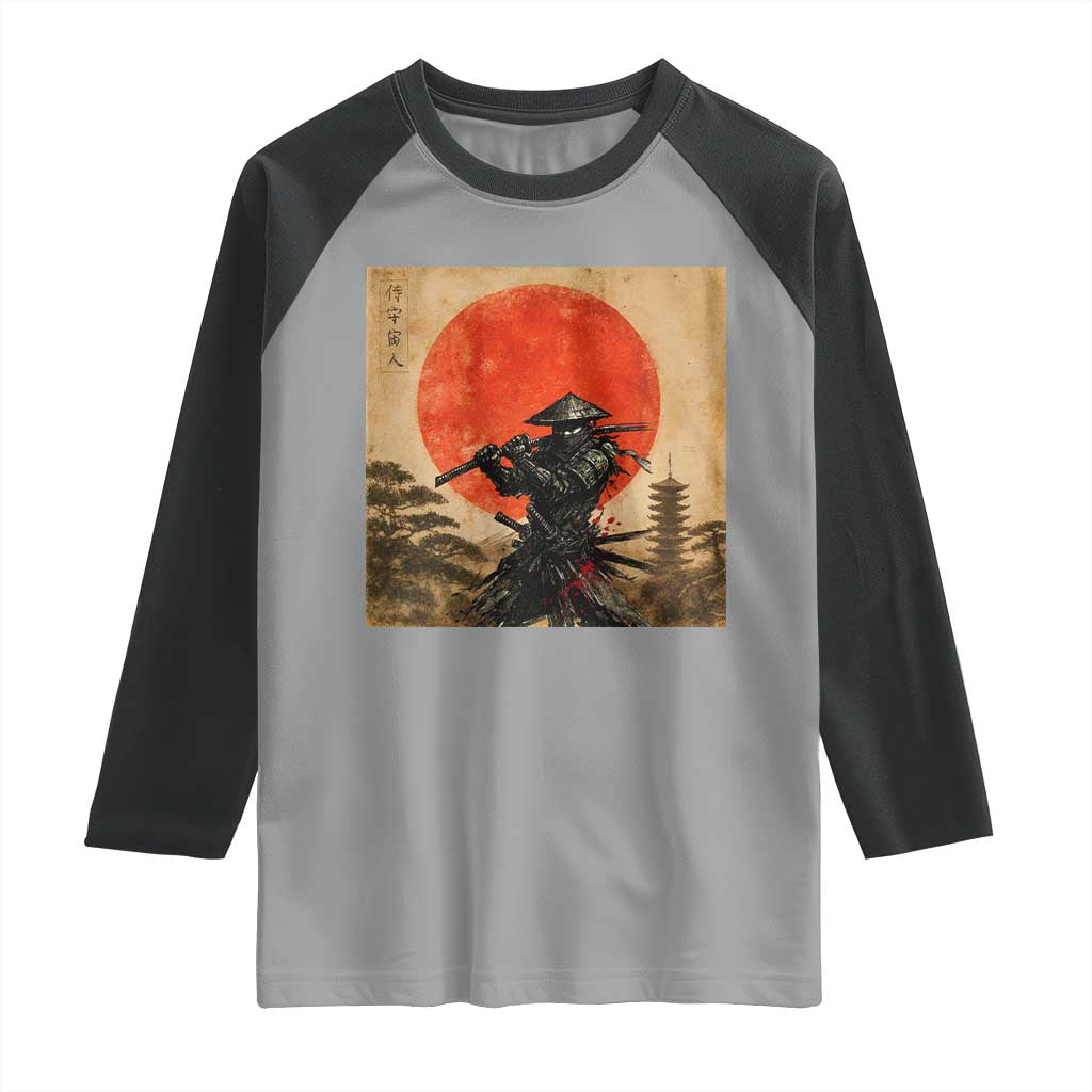 Japanese Samurai Raglan Shirt Warrior With Katana Vintage Ukiyoe Style - Wonder Print Shop