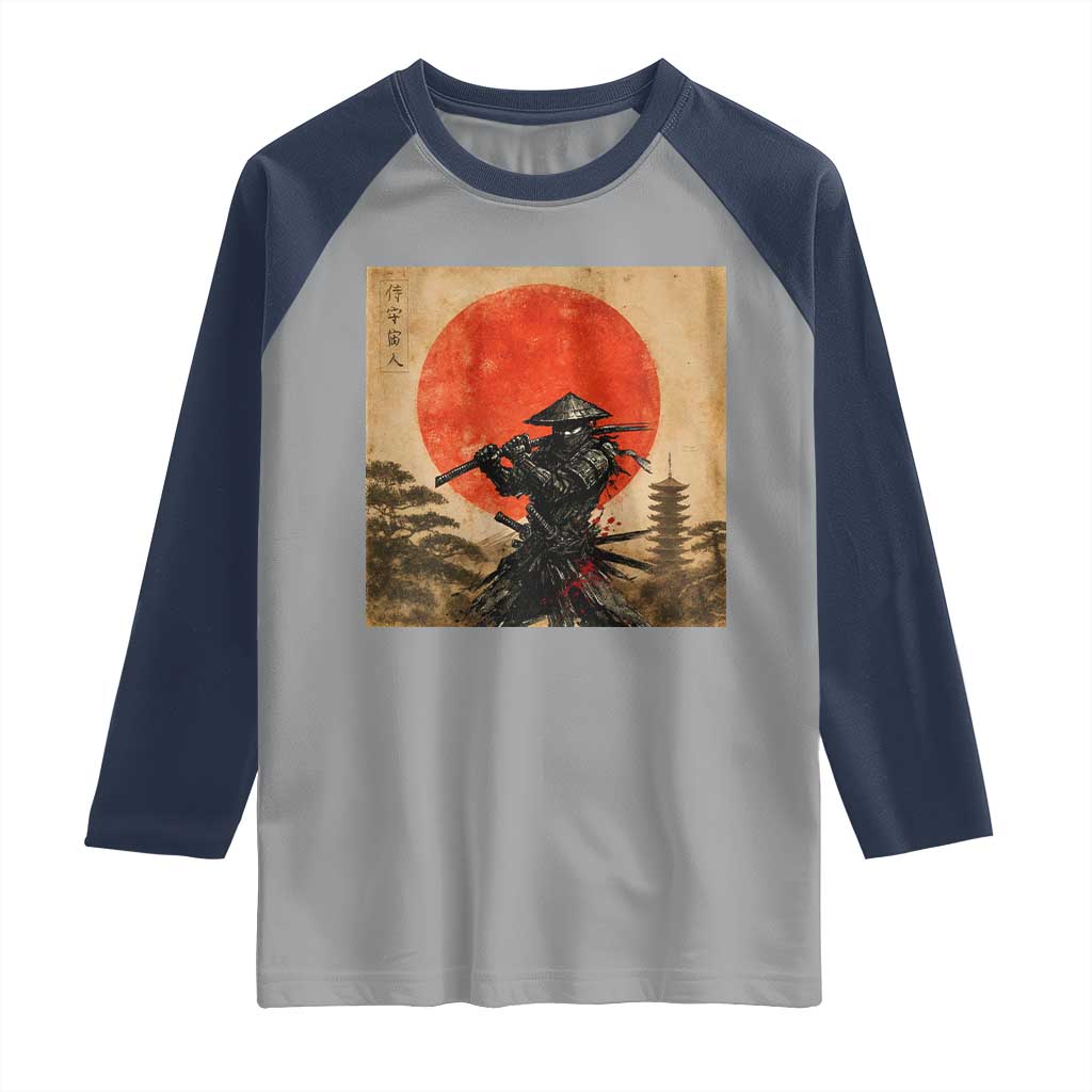 Japanese Samurai Raglan Shirt Warrior With Katana Vintage Ukiyoe Style - Wonder Print Shop