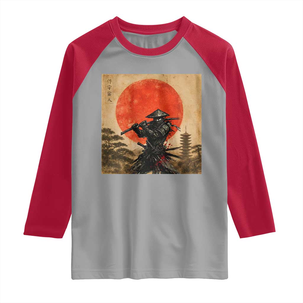 Japanese Samurai Raglan Shirt Warrior With Katana Vintage Ukiyoe Style - Wonder Print Shop