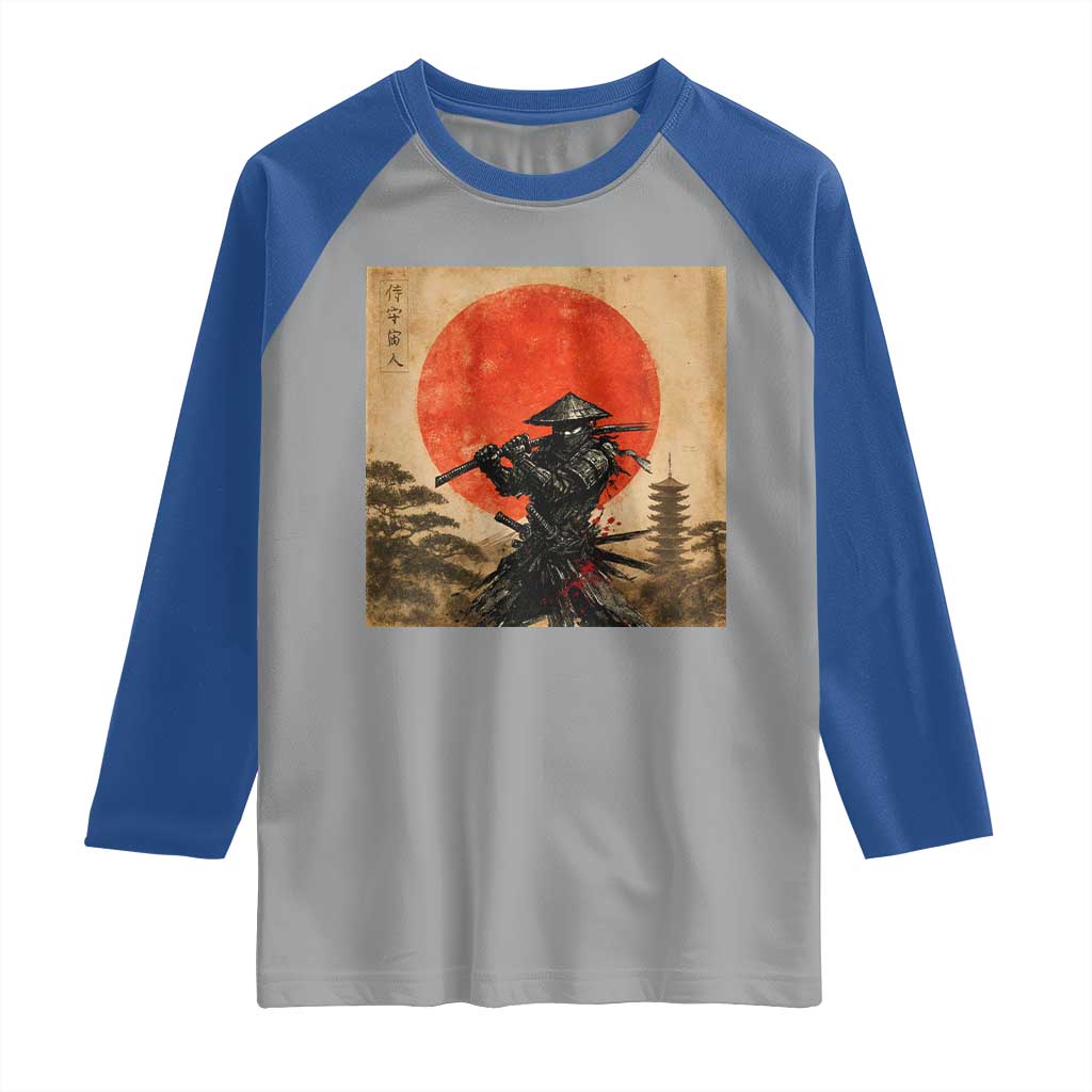Japanese Samurai Raglan Shirt Warrior With Katana Vintage Ukiyoe Style - Wonder Print Shop