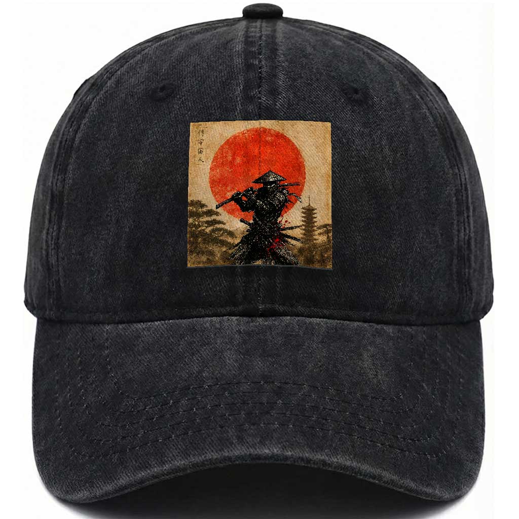 Japanese Samurai Washed Cotton Baseball Cap Warrior With Katana Vintage Ukiyoe Style