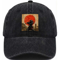 Japanese Samurai Washed Cotton Baseball Cap Warrior With Katana Vintage Ukiyoe Style