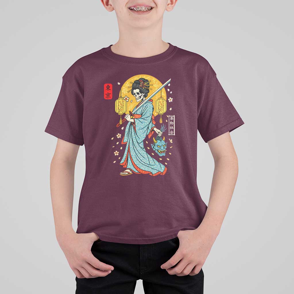 Horror Samurai Geisha Skull T Shirt For Kid Japanese Kimono And Katana - Wonder Print Shop