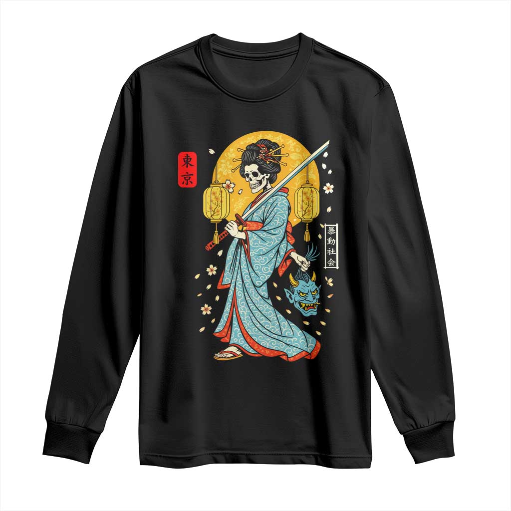 Horror Samurai Geisha Skull Long Sleeve Shirt Japanese Kimono And Katana - Wonder Print Shop