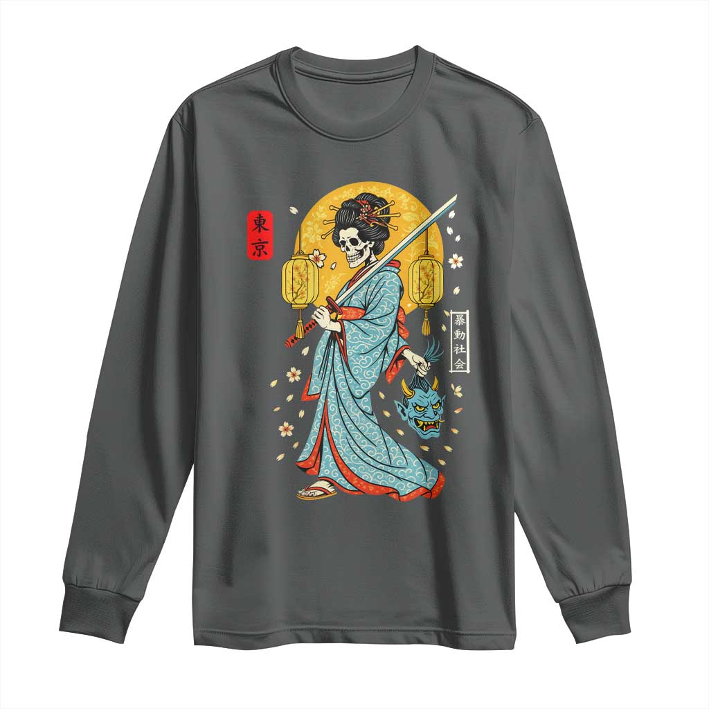 Horror Samurai Geisha Skull Long Sleeve Shirt Japanese Kimono And Katana - Wonder Print Shop