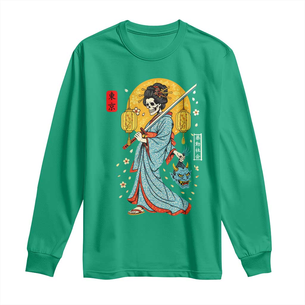 Horror Samurai Geisha Skull Long Sleeve Shirt Japanese Kimono And Katana - Wonder Print Shop