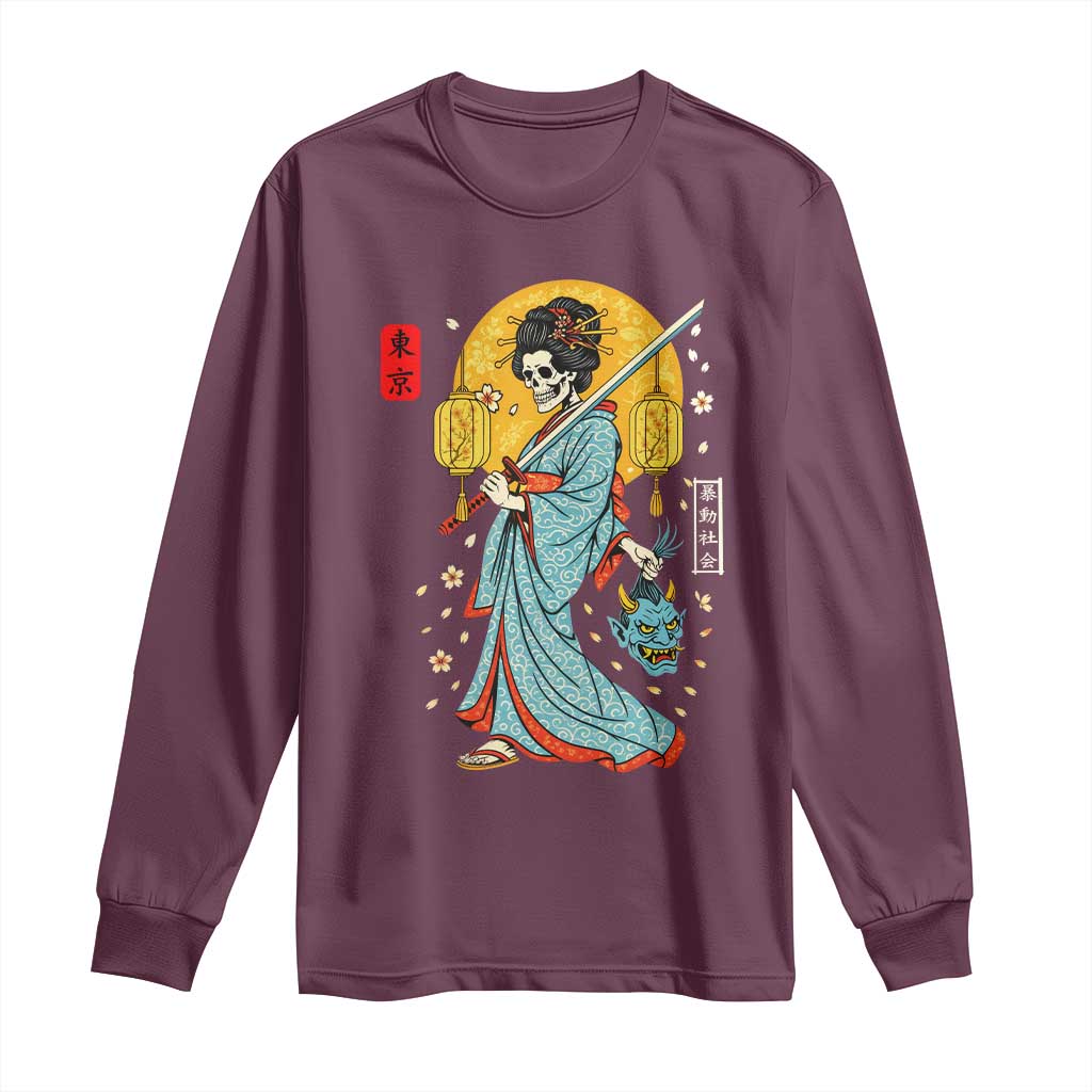 Horror Samurai Geisha Skull Long Sleeve Shirt Japanese Kimono And Katana - Wonder Print Shop