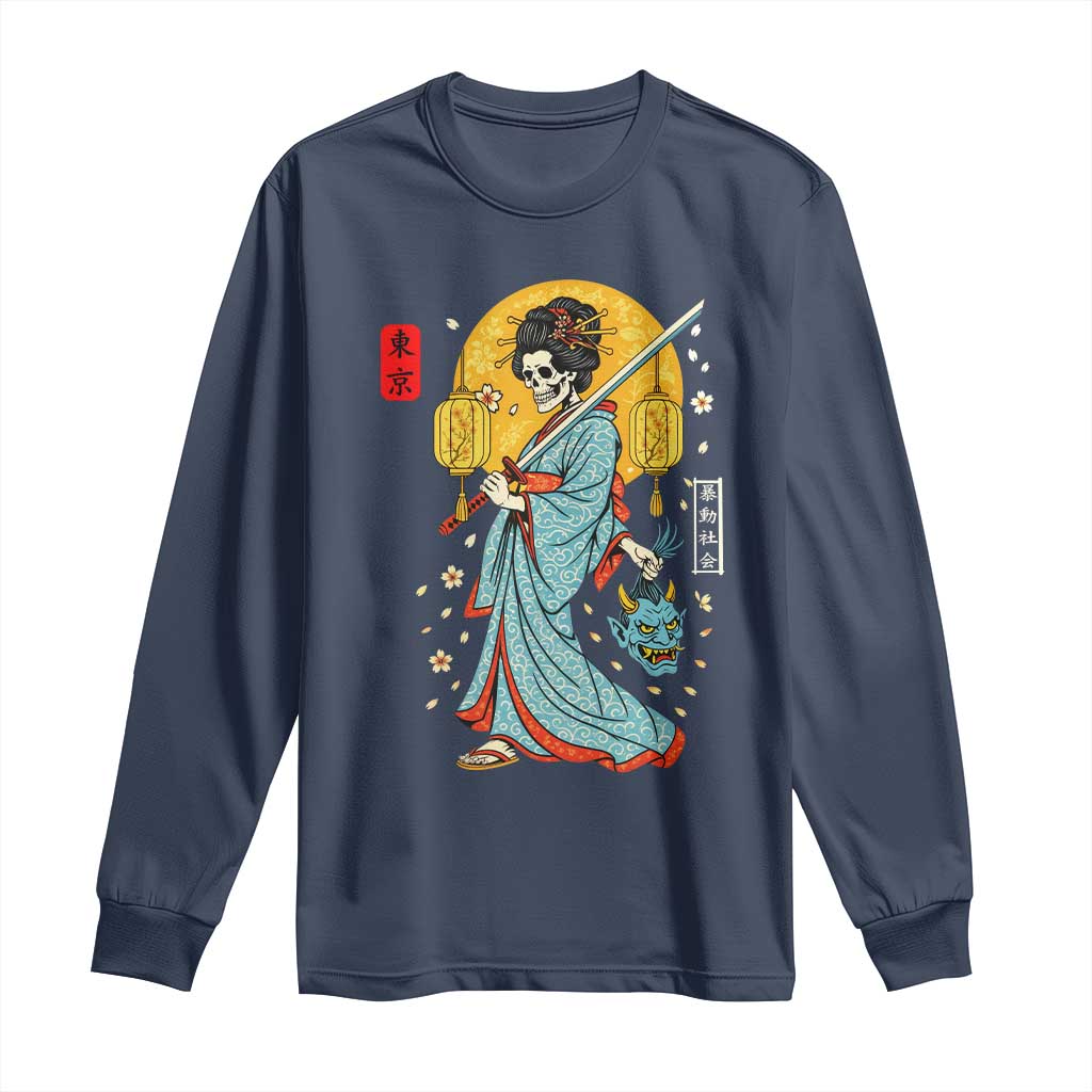 Horror Samurai Geisha Skull Long Sleeve Shirt Japanese Kimono And Katana - Wonder Print Shop