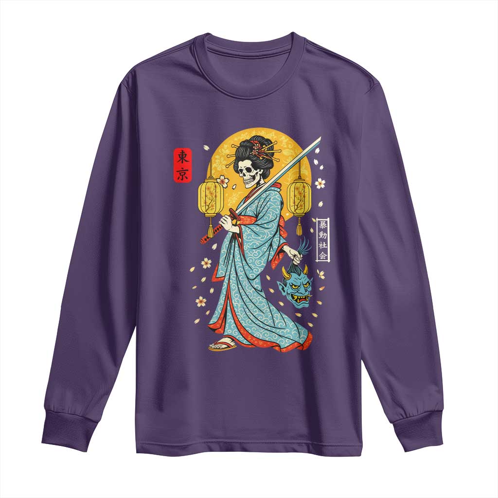 Horror Samurai Geisha Skull Long Sleeve Shirt Japanese Kimono And Katana - Wonder Print Shop
