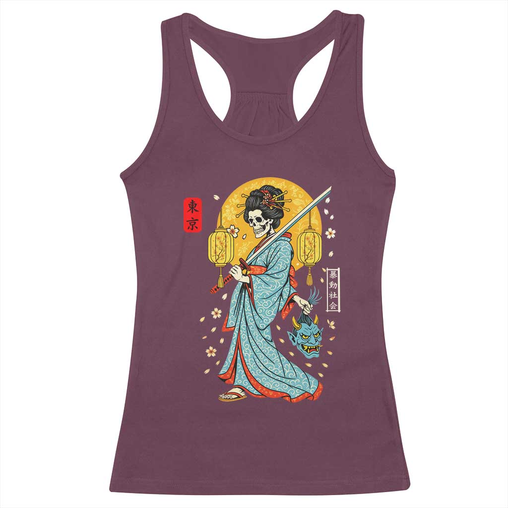 Horror Samurai Geisha Skull Racerback Tank Top Japanese Kimono And Katana - Wonder Print Shop