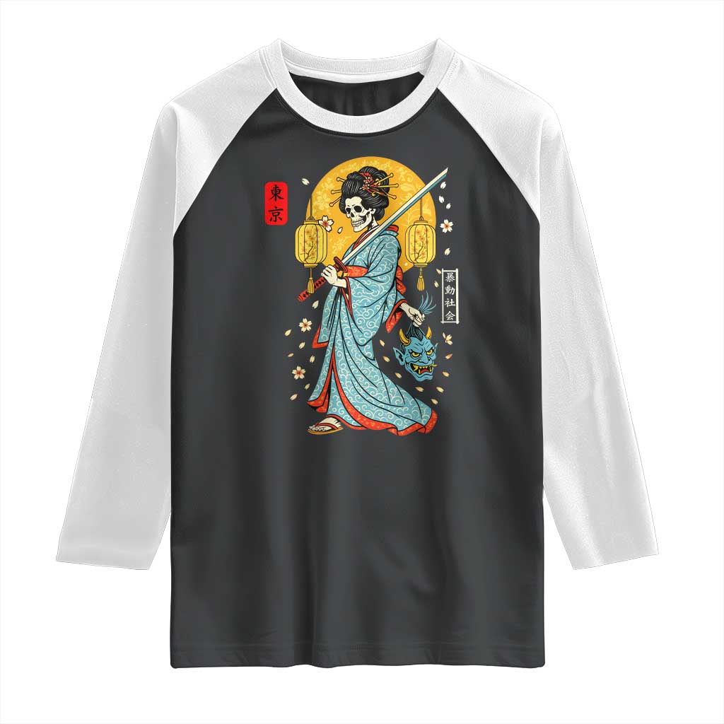 Horror Samurai Geisha Skull Raglan Shirt Japanese Kimono And Katana - Wonder Print Shop