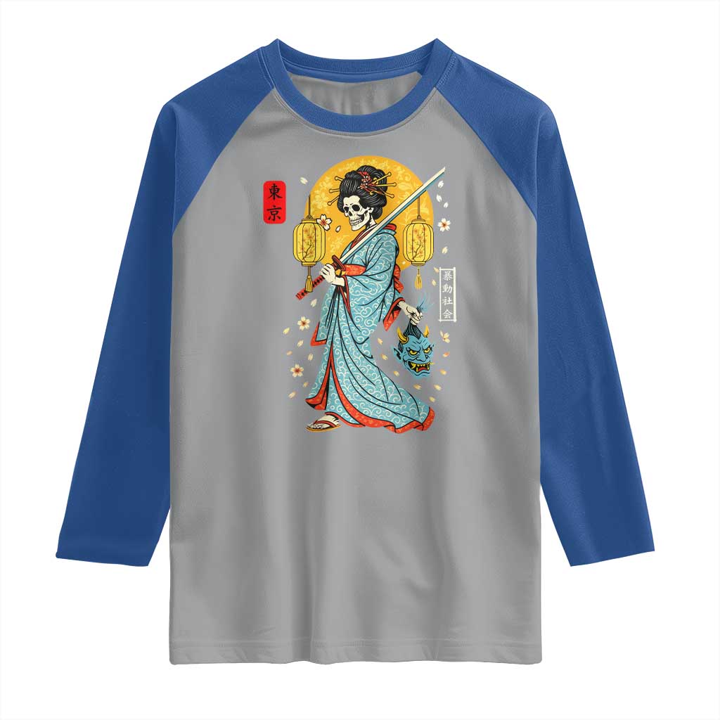 Horror Samurai Geisha Skull Raglan Shirt Japanese Kimono And Katana - Wonder Print Shop