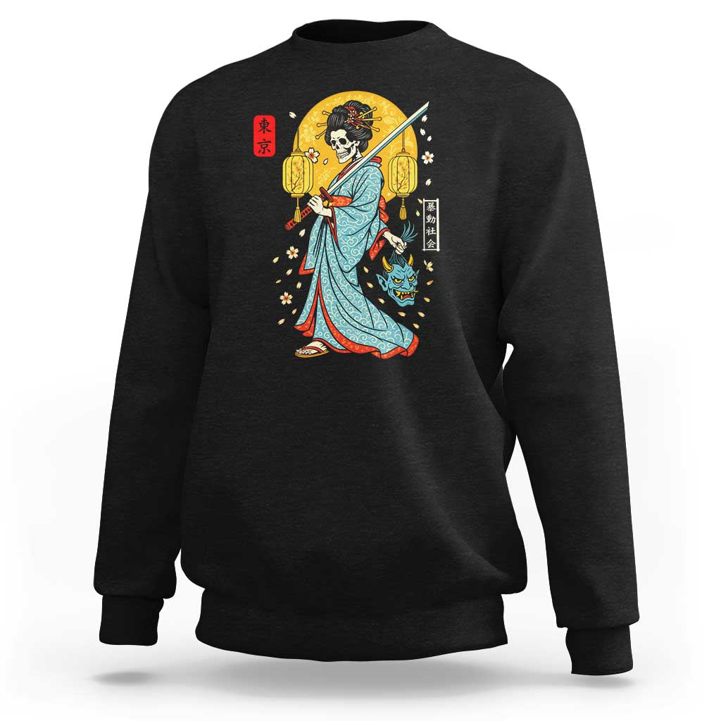 Horror Samurai Geisha Skull Sweatshirt Japanese Kimono And Katana - Wonder Print Shop